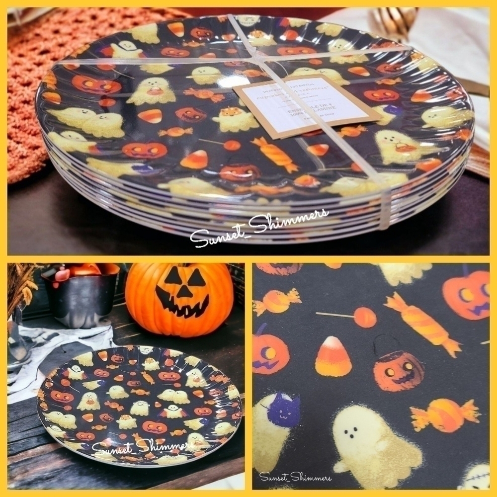 8PC Cupcakes & Cashmere Halloween GHOST Jack Pumpkin Melamine Dinner Plate SET